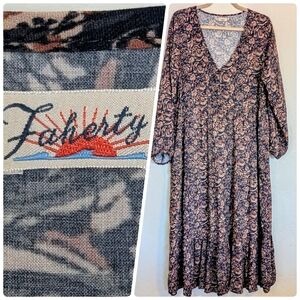 Faherty Isabella Floral Tiered Midi Dress Block Print Cottagecore Lagenlook BOHO